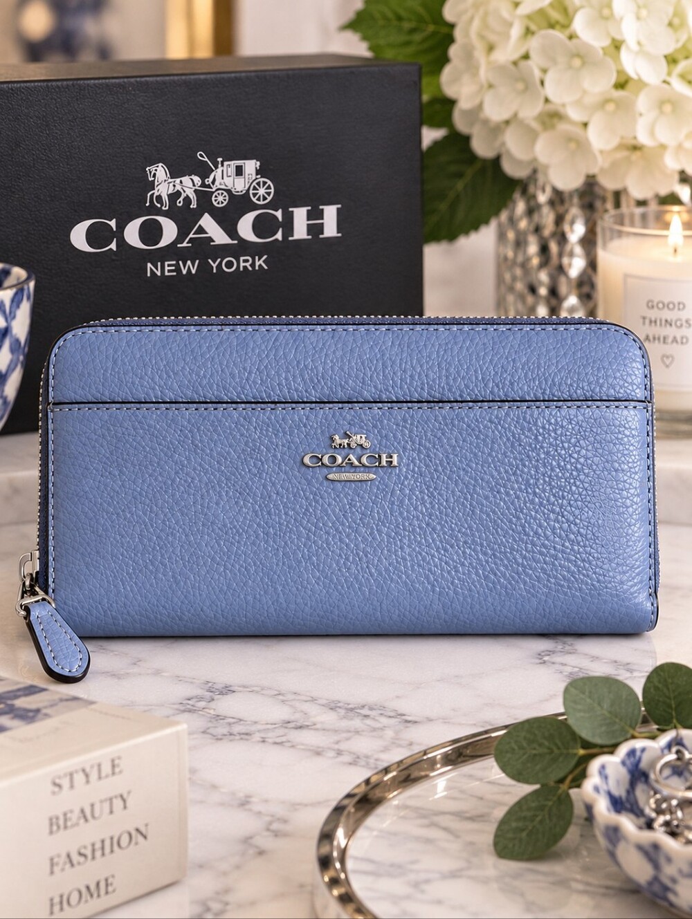 Coach Blue Pebbled Leather Zip Around Accordion Wallet 8"